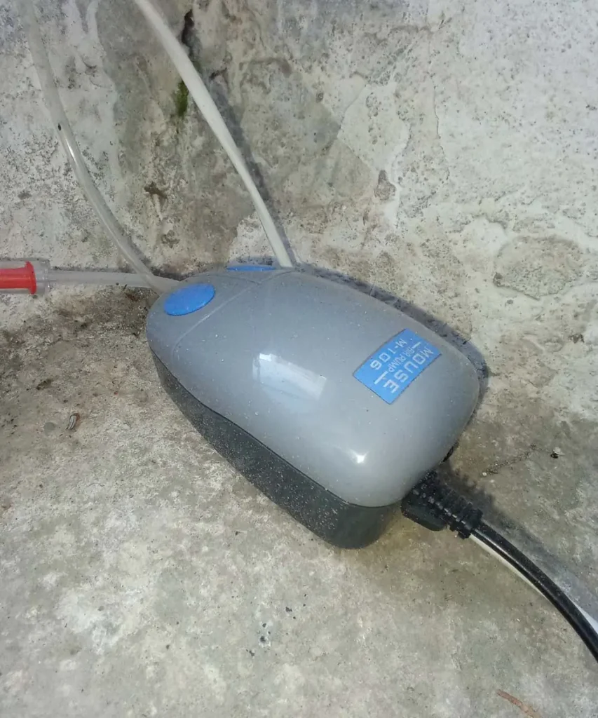 Aquarium air pump connected to airline tubing, used to aerate and cool the nutrient solution in a deep water culture (DWC) hydroponic system.