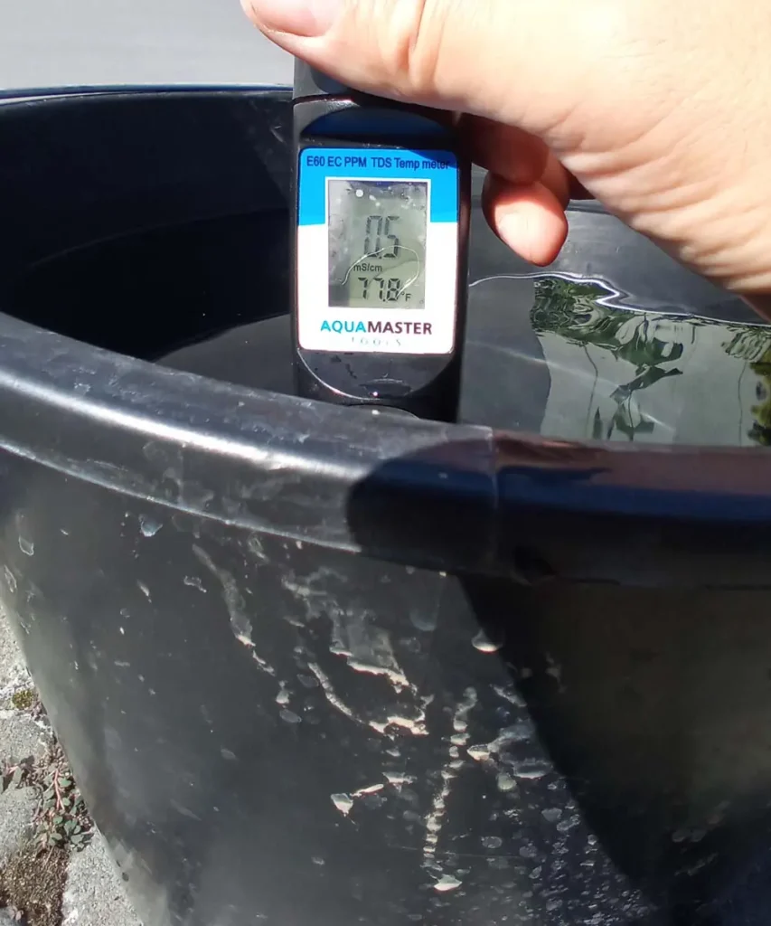 Hydroponic reservoir water temperature measured at 77.8°F without tank insulation